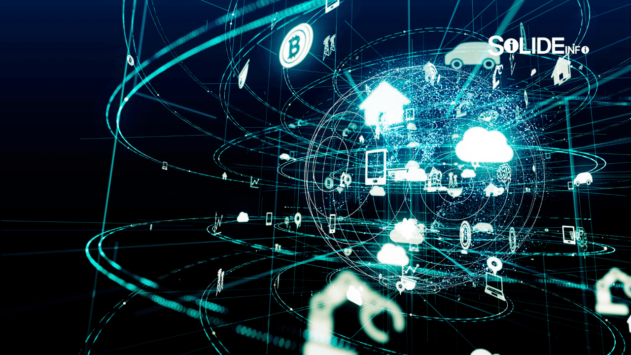 Blockchain network diagram showing secure IoT device connections with encrypted data transmission and cybersecurity protection layers