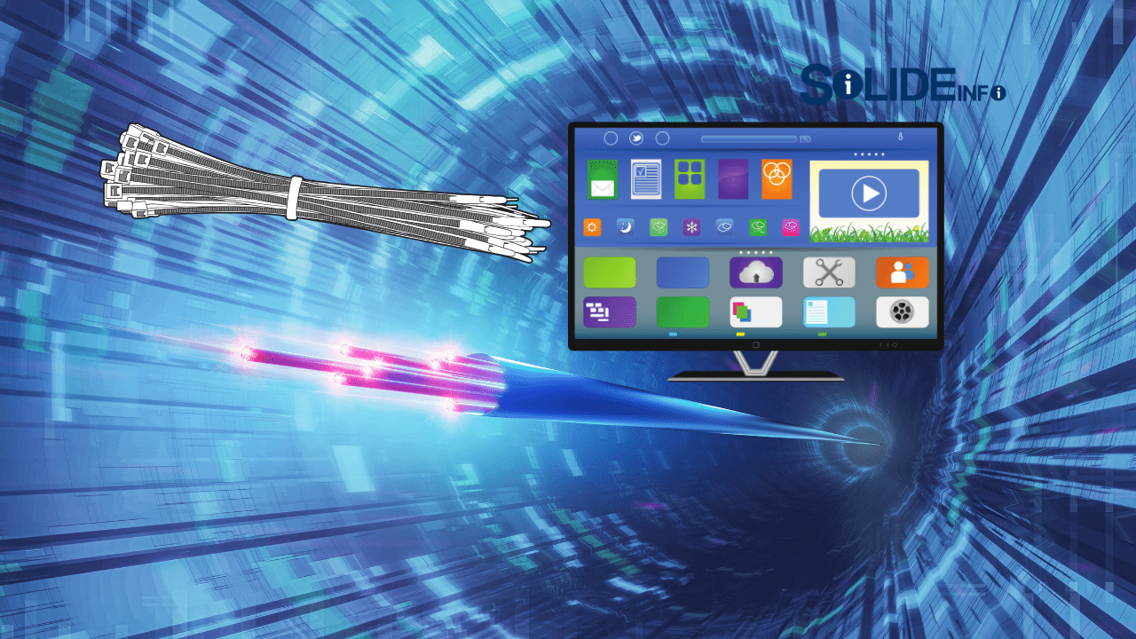 A graphic of a ribbon tying together icons for a television, a computer, and a phone, symbolizing a cable and internet bundle package.