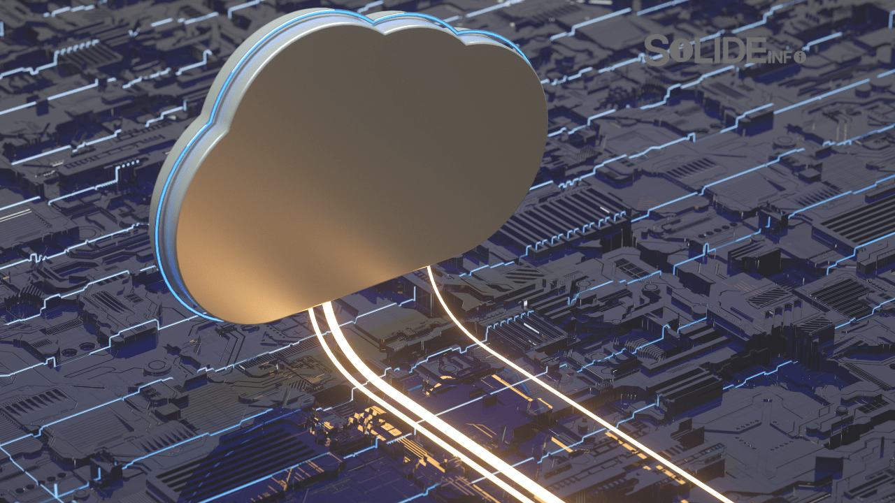 A visual representation of data flowing securely between a physical server and a cloud icon, illustrating Cloud Security in a hybrid cloud environment.
