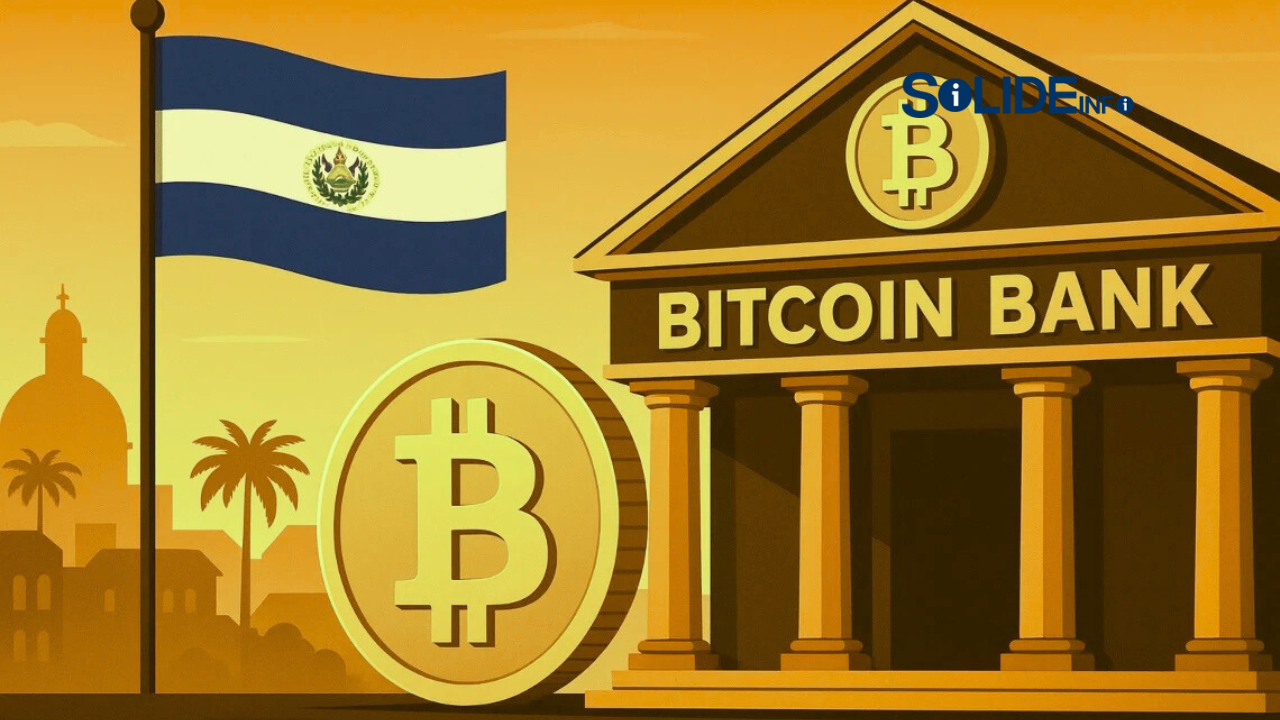 El Salvador's Next Big Bet: What ‘Bitcoin Banks’ Mean for You and the Future of Money 1 An abstract image blending the flag of El Salvador with the Bitcoin symbol over a modern bank facade, representing the fusion of state and cryptocurrency.