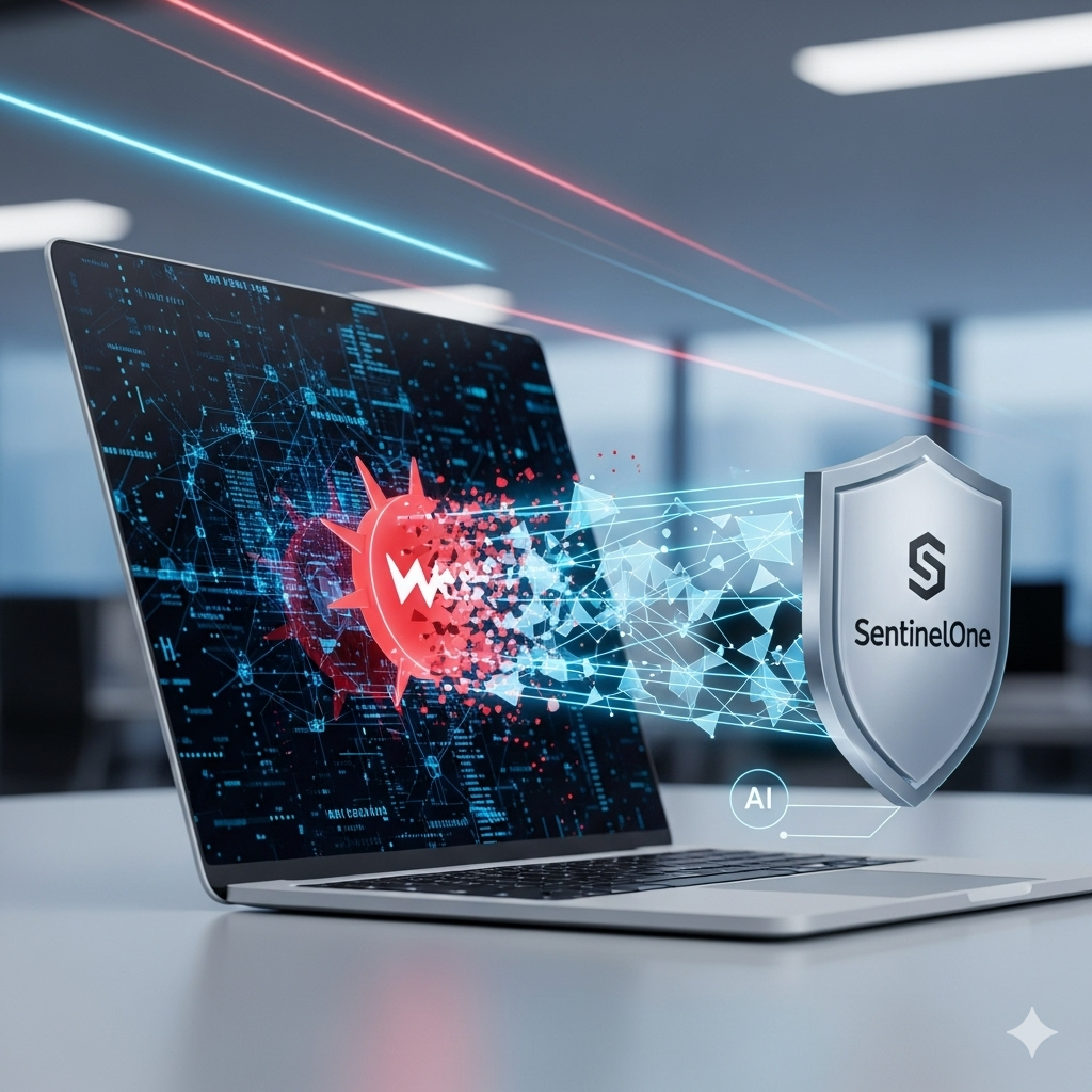 Sentinel One Agent: The Ultimate 2025 Deep Dive Guide 6 an illustrative graphic of the sentinelone agent using ai to block a threat on a laptop. solid info media solideinfo solideinfo.com