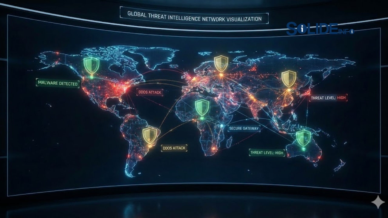 a visualization of a global digital map displaying real-time threat intelligence data points and network security shields.www.solideinfo.com solid info platform