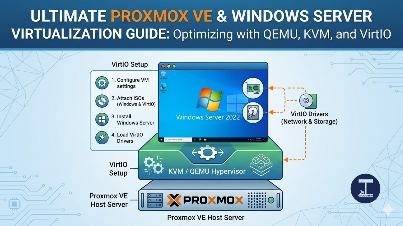 proxmox ve dashboard showing windows server vm running on qemu kvm with virtio drivers