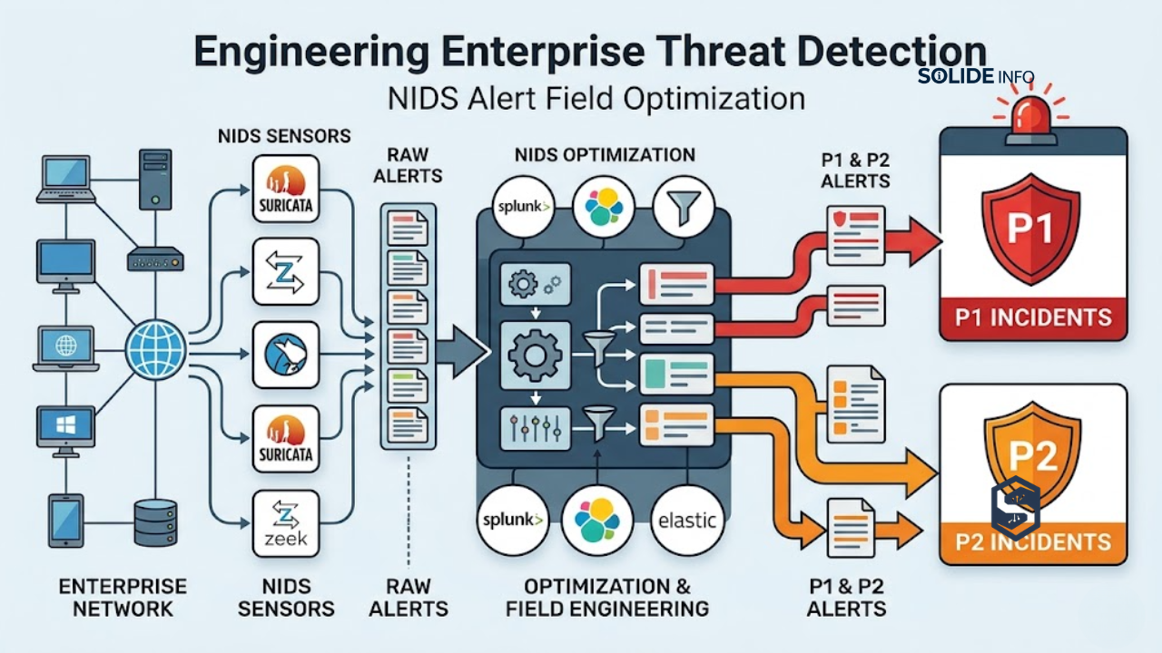 engineering enterprise threat detection: optimizing nids alert fields for p1 and p2 incidents at solideinfo platform